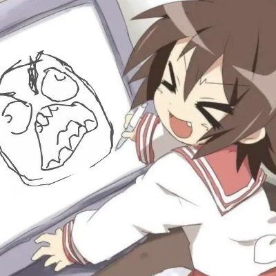 Misao Kusakabe laughing with a drawing of a rage comic face.